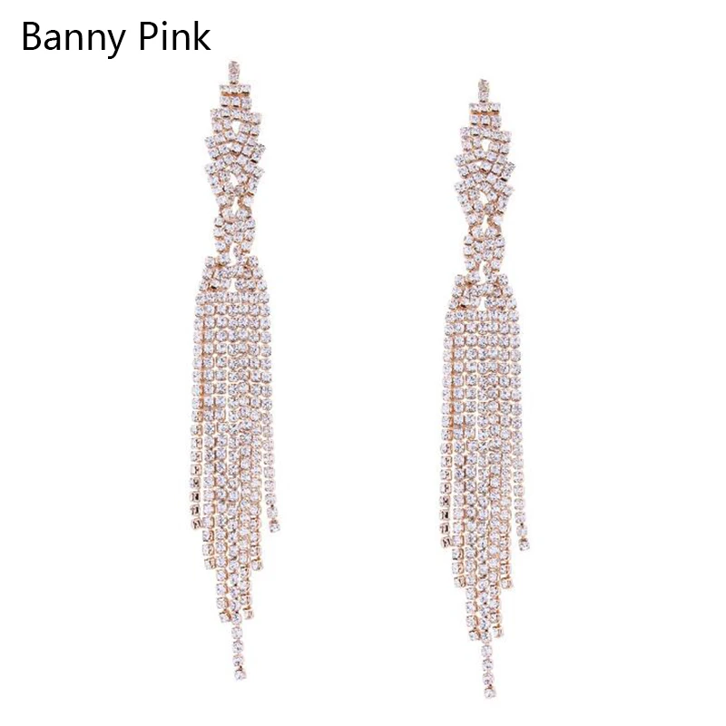 Luxury Rhinestone Chain Tassel Studs Earrings For Women Chunky Long Pendant Post Earrings Fashion Bridal Earrings Pendientes