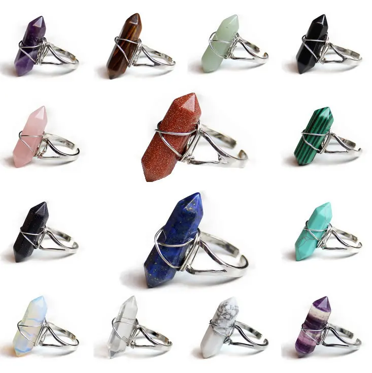 Wholesale 10pcs/lot  Natural Stone Quartz Reiki Point Ring Cooper Wire Warped Finger ring