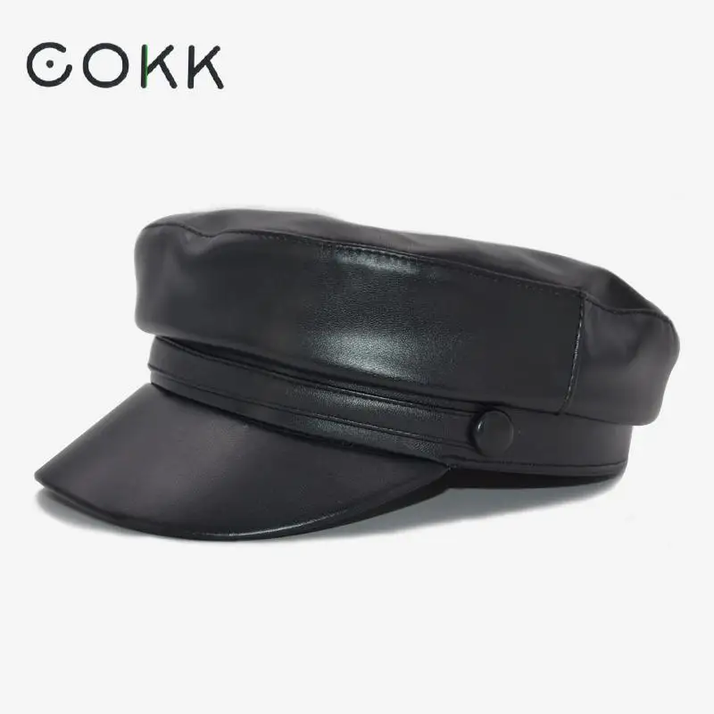 COKK Pu Leather Military Cap Women Fashion Military Hat Gorras Snapback Caps Female Casquette Beret British Style New Brand