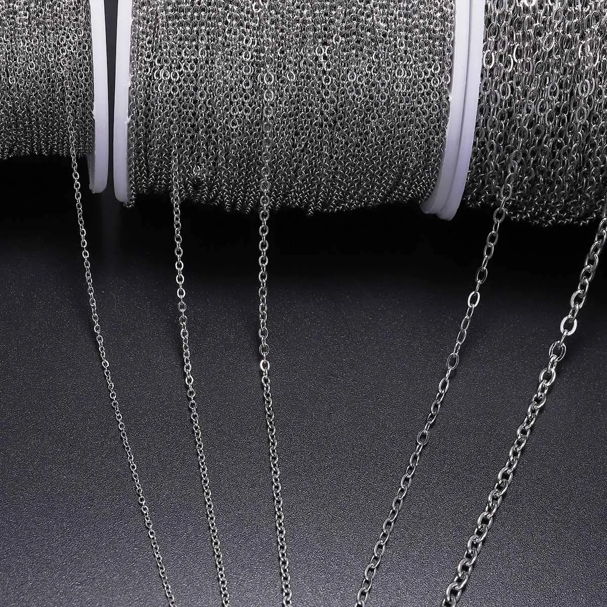 5 m/lote de cadenas de eslabones de acero inoxidable, 1,2, 1,5, 2,0, 2,4, 3,0mm, accesorios para fabricación de joyas