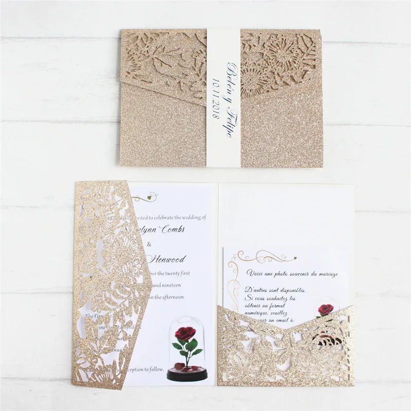 

Luxury invite wedding with RSVP envelop belly band tri-fold pocketfold wedding decoration customized supply free ship