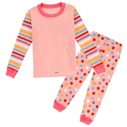 2-12 Year Children Pajamas Sets Polka Dot Baby Girls Sleepwear nightdress Pink Girl pijama loungewear T-Shirt Trouser PJS Cotton