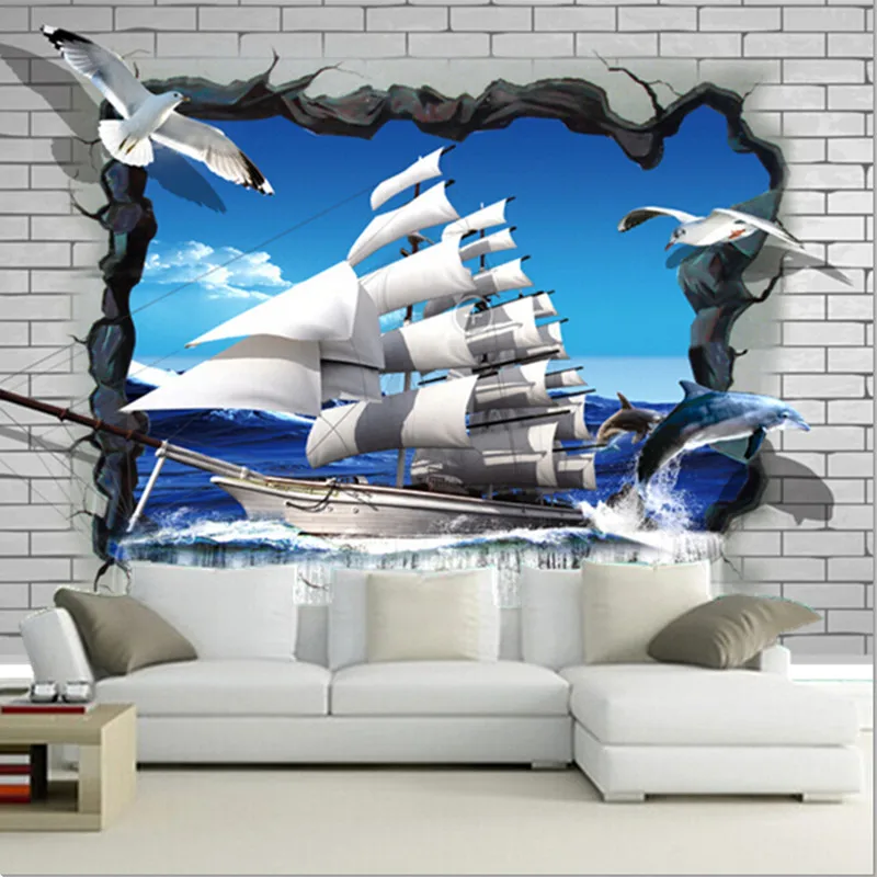 

Custom 3D large murals,3d effect of broken wall, the sea sailing and gulls wallpapers,living room sofa TV wall bedroom wallpaper