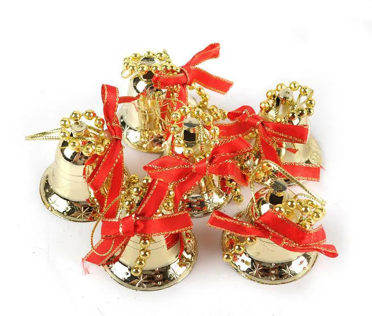 12pcs 3.5cm Gold/Silver Bell with Red/Blue Ribbon For Christmas Party Holiday Tree Venue Hanging Decoration New