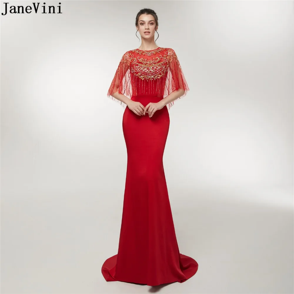 JaneVini 2019 Elegante Rosso Lungo Della Sirena Abiti da sposa di Lusso Nappa Bordare Cerniera Posteriore Raso Sweep Treno Abiti Da Ballo Formale