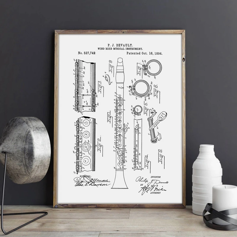 Clarinet 1894 Poster Jazz Art Prints Music Room Decor Vintage Clarinet Patent Blueprint Canvas Painting Musician Gift idea