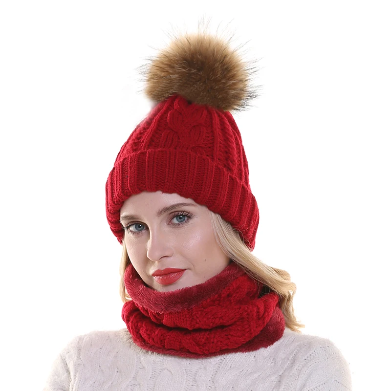 2022 Women Hat With Scarf Warm Fleece Inside Beanie Girls Winter Cap For Women Real Mink Fur Pompom Hat Female Knitted Caps