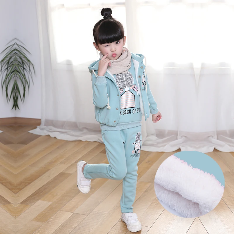 Girls Cartoon Clothing 3 Pcs Set Children Fall Winter Thickening Velvet Clothes 3-12 Year Old Kids Vest Coat + Tops + Pants X273