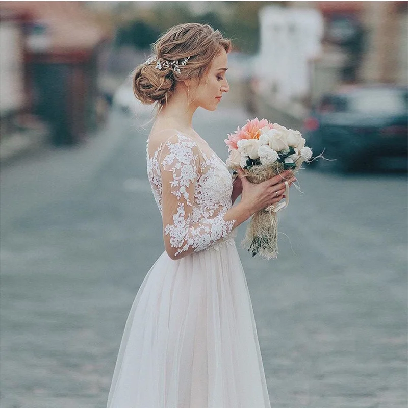 Vestido De Novia con cuello redondo y manga tres cuartos, traje De Novia, personalizado