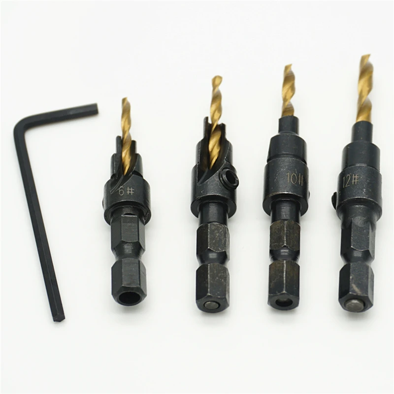 4Pcs HSS 1/4 Hex Shank ไทเทเนียมไทเทเนียมเจาะ Tapper เครื่องมือ Woodworking Pilot รูขนาด #6 #8 #10 #12 1ประแจ