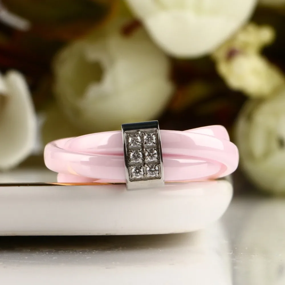 Romantic Pink 3 Cross Ceramic Ring Lady Accessories Pink Color Sex Zircon Cross Ring Stainless Steel Wedding Rings For Women