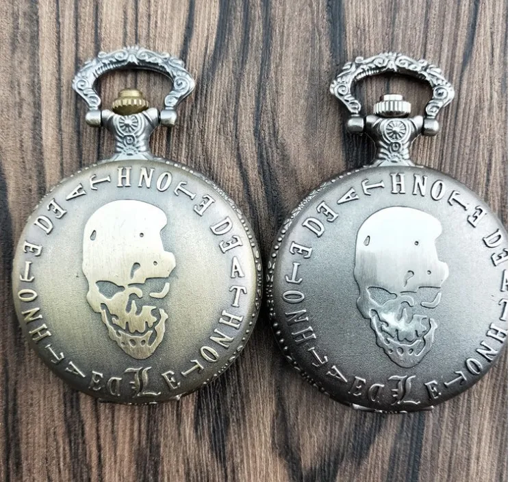 Vintage Bronze Gray Fashion Deathe Note Theme Skull Design Pocket Watch with Chain Necklace Gift