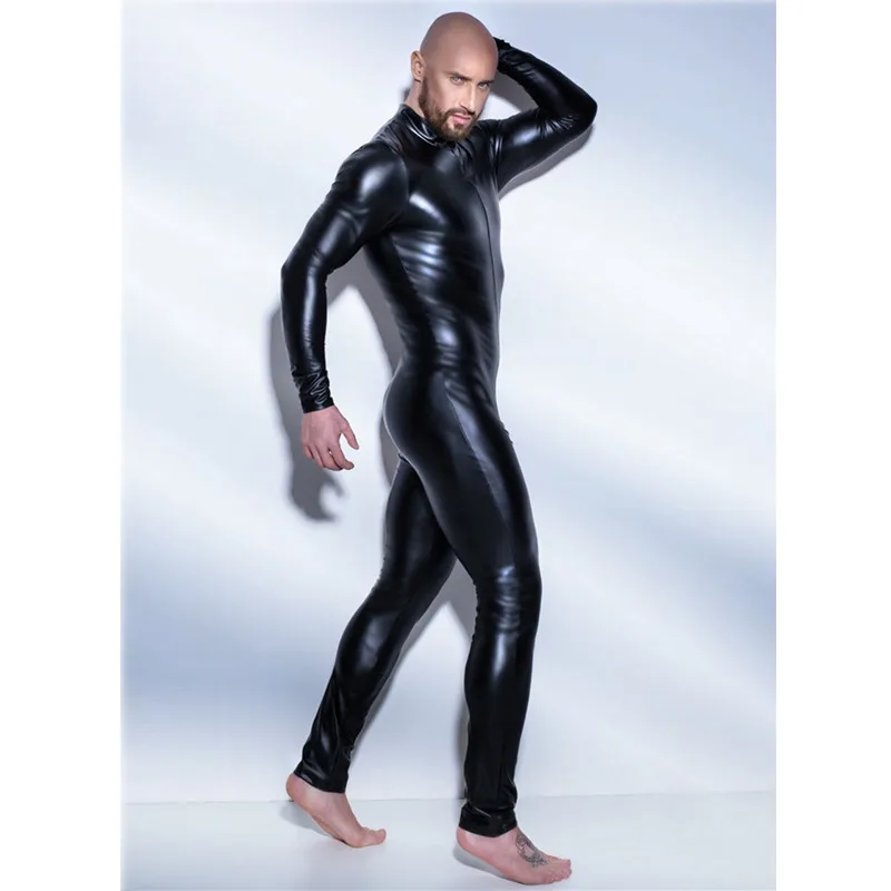 Men Sexy Wetlook Faux Leather Latex Catsuit Bodysuit Hot Erotic Lingerie zentai gay fetish Wear pvc costume Open Crotch Clubwear