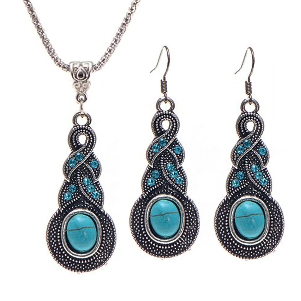 Wholesale Classic Retro Turquoise Beaded Blue Crystal Pendant Necklace Drop Earrings  For Women Wedding Jewelry Set Suit