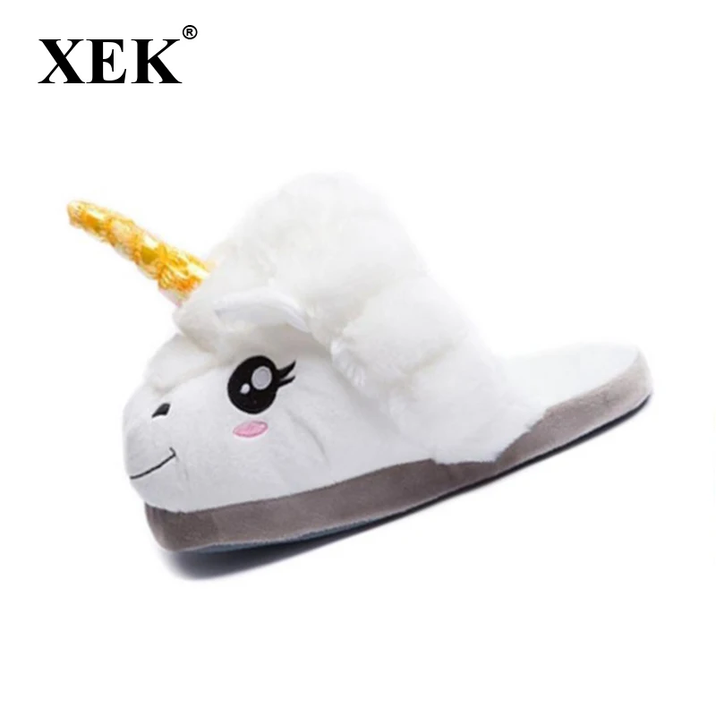 XEK Home Cartoon Unicorn Warm Cotton Plush Slippers Soft Funny Animal Monster Slipper For Grown Ups Indoor\\Floor Shoes ST225