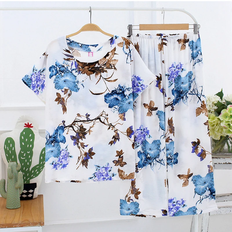 New Female Pajamas Set Sleepwear Women Cotton Linen Print Flower Pyjamas Summer Casual Loose Nightwear Home Wear