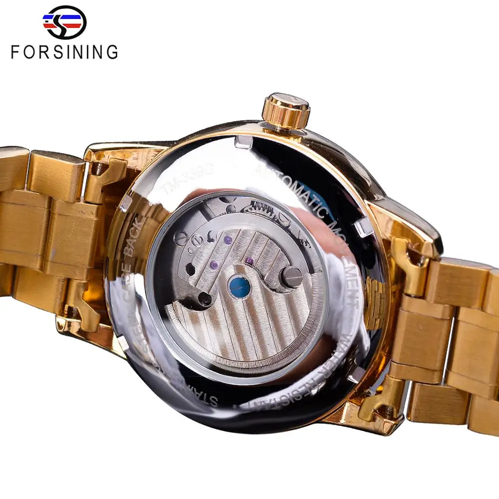 Imagem -04 - Forsining-relógio Automático Masculino Sol Dourado Fase da Lua Pulseira de Aço Turbilhão Rosto Preto e Branco para Negócios2023