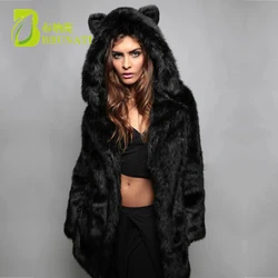 Giacca invernale da donna Cappotto di pelliccia lungo spesso caldo Cappotto con cappuccio con orecchie di animale carino Cappotto da donna nero elegante in pelliccia sintetica