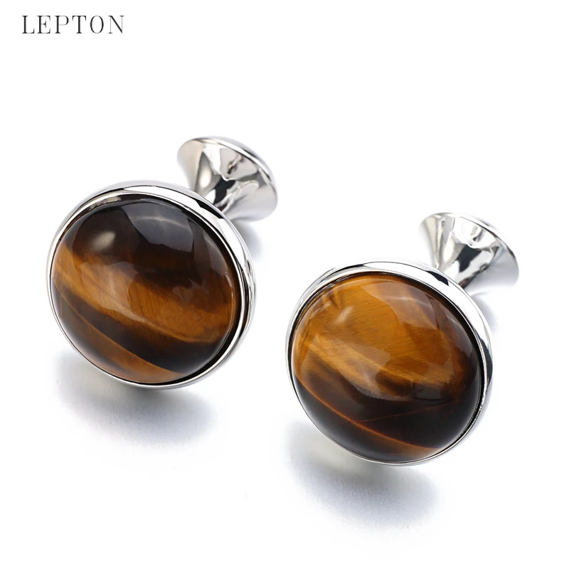 Low-key Luxury Tiger-eye Stone Cufflinks for Mens Lepton High Quality Round Tigereye Stone Cuff links Relojes gemelos Best Gift