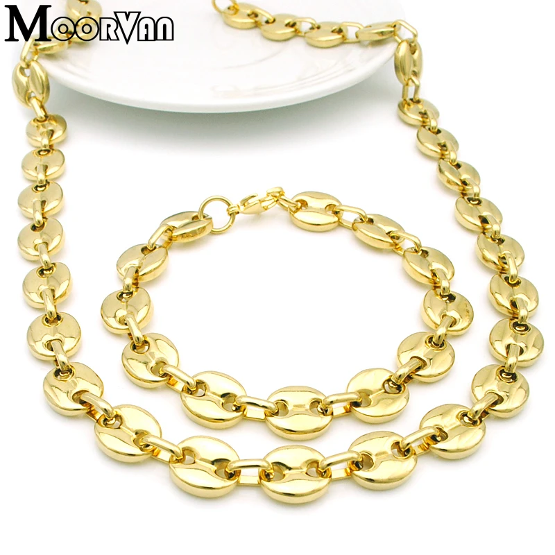 Moorvan Men Women Beads Gold Color Stainless Steel African Jewelry Set Chain Necklace Bracelet Sets For Man Lady Free Shipping