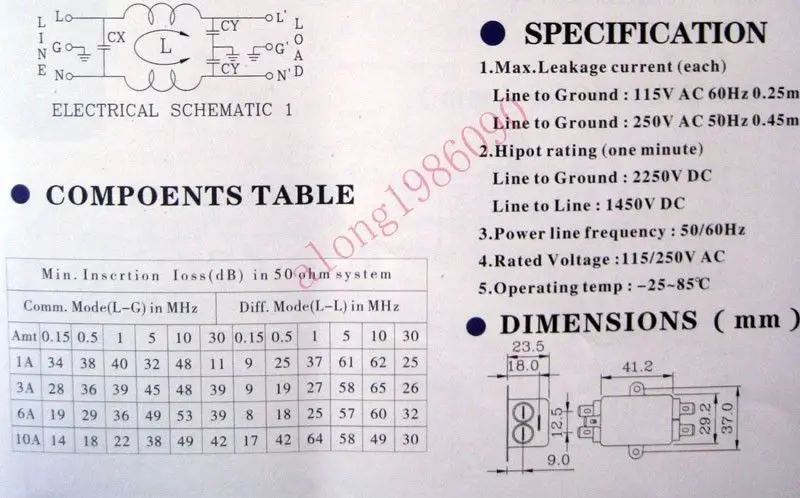 EMIフィルター単相AC電源線、115v、250v、3a、CW1B-3A-3A