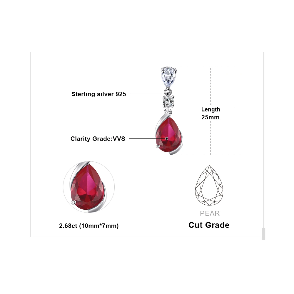 JewelryPalace 2.6ct الكمثرى مكون الأحمر روبي 925 فضة قلادة قلادة للمرأة خاتم مزين بحجر كريم مجوهرات لا سلسلة