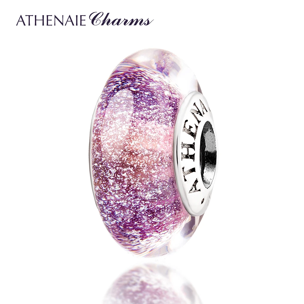 ATHENAIE Genuine Purple Murano Glass Beads 925 Silver Core Shimmer Charms Beads Fit All European Bracelets Gift for Valentine
