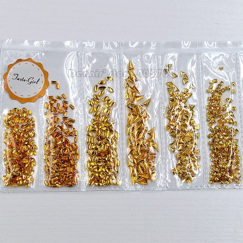 1 Pack Mix Shape Gold 3D Rectangle Triangle Square Drop Oval Metal Stud Nail Art Rhinestones Gems Decorations DIY Salon Tip 11#