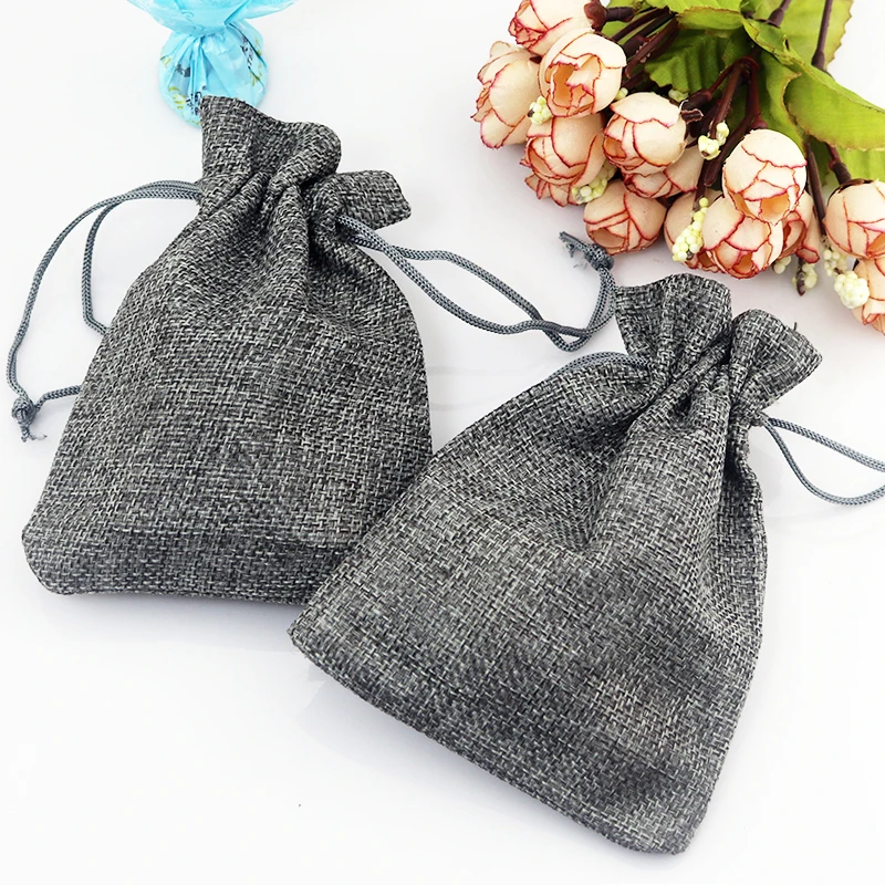 Wholesale 100pcs/lot Gray Jute Bags Small Drawstring Jewelry Pouch Wedding Charms Jewelry Packaging Bags Cute Linen Gift Bag