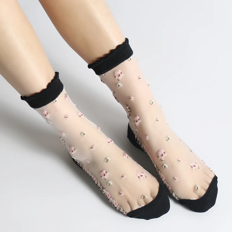 5 Pairs/Lot Summer Women Plant Flowers Sweet Crystal Cotton Anti-skid Transparent Thin Socks Femme Meia Ultra Cool Mesh Sexy Bas