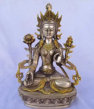 Metal Crafts Tibetan silver gilt Buddha statue/High 8inch Buddhism Folk Silver Statue  Tibetan Silver Bronze decoration