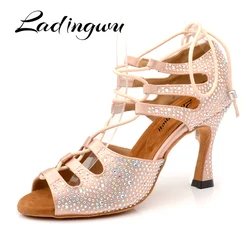 Ladingwu Women Latin Dance Shoes Skin Satin Shining Big small rhinestone dancing shoes  Narrow foot Adjust width Flare heel 9cm