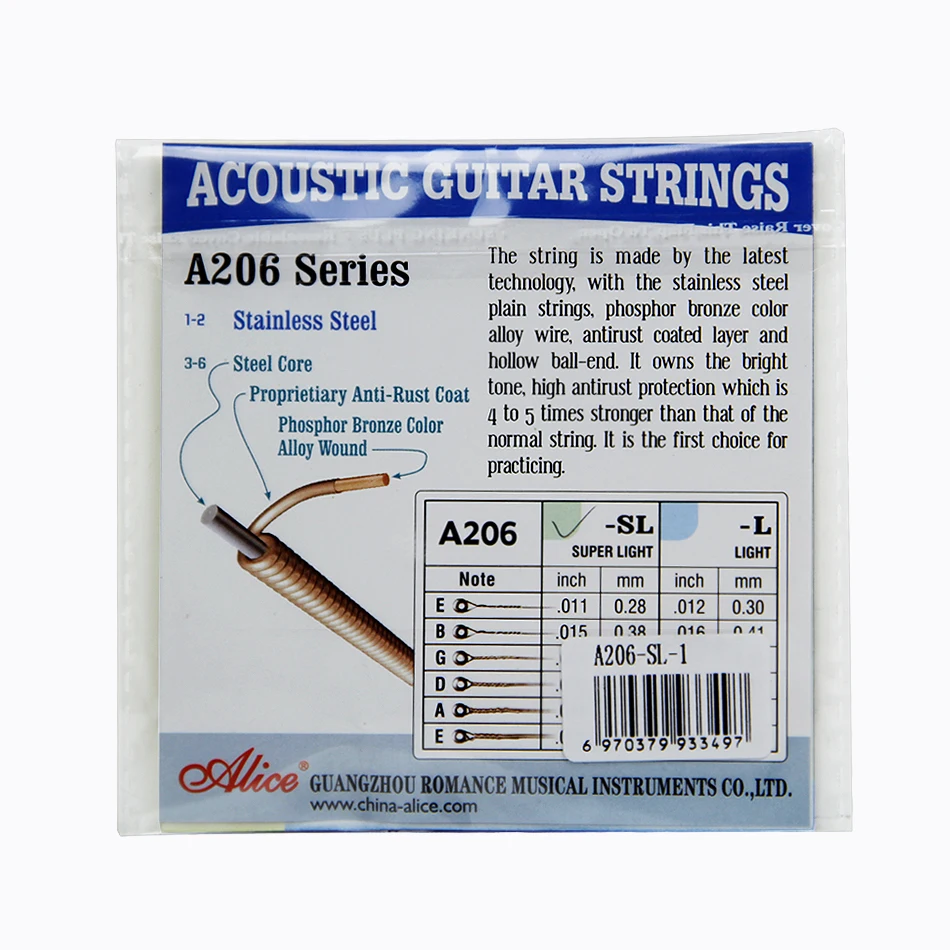 Alice acoustic Guitar strings 1-ST A206 Series 0.11inch 0.28mm Steel core Proprietiary Anti Rust Coat