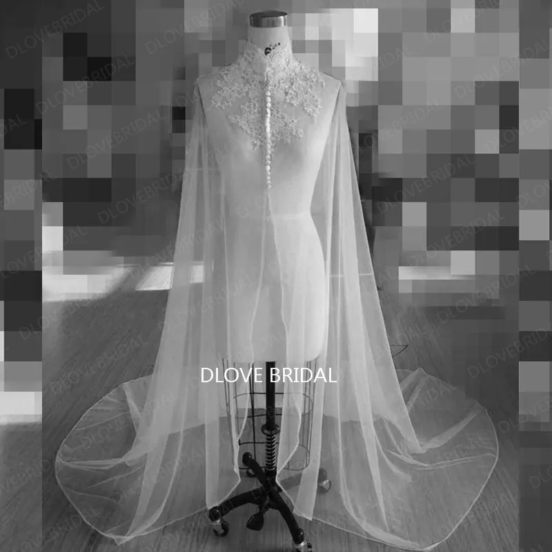 Romantic Lace High Neck Long Bridal Wrap Wedding Shoulder Veil Cloaks Factory Custom Make Mantle Bolero with Covered Buttons