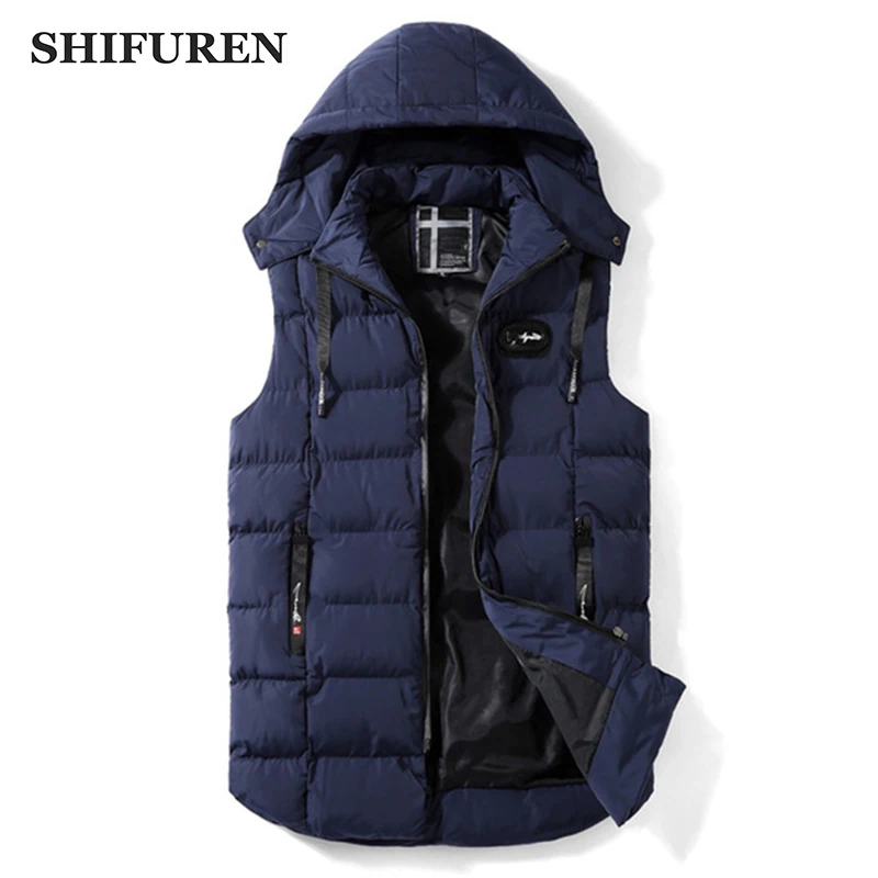 

SHIFUREN Winter Men Hooded Vest Thicken Warm Cotton Hooded Sleeveless Jackets Male Causal Waistcoat Outerwear Hat Detachable