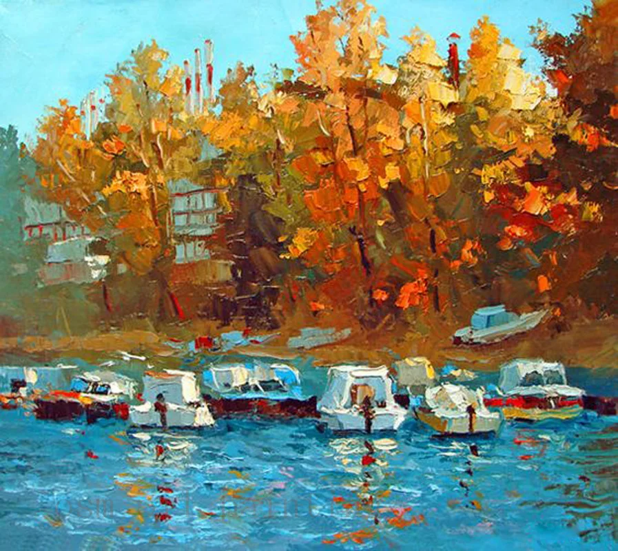 Handmade Modern Abstact Seascape Hand Painted Wall Art Boats on the Waterfront Landscape Palette Knife Oil Painting on Canvas