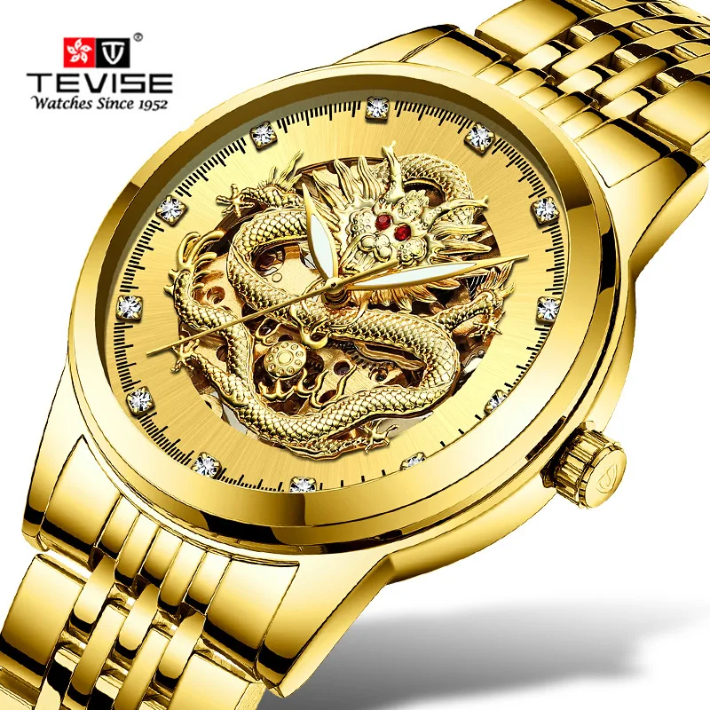 

TEVISE 9006B Mens Watch 3D Gold Dragon Automatic Watch Rhinestone Luxury Self-Wind Mechanical Watches Luminous Montre Homme