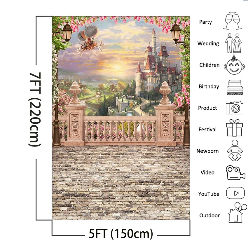 Castle Landscape Photography Background Lanterns Floral Observation Deck Sunset Wedding Backdrop Photobooth Studio