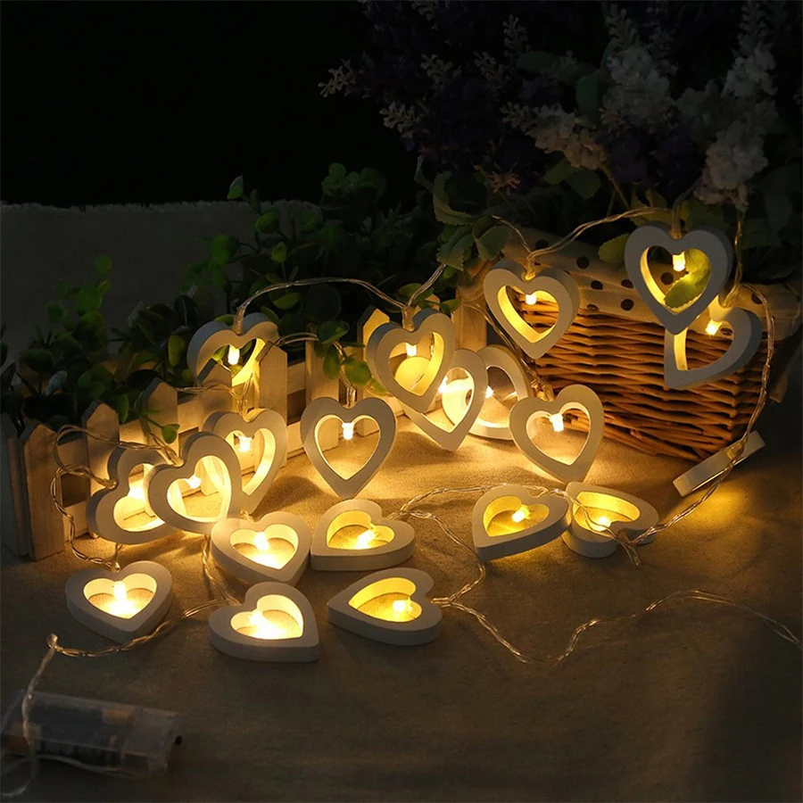 Battery Operated Wood Heart LED String Light Fairy1M 2M Valentine's Day Lamp Festival Party Wedding Decoration Romantic Lights