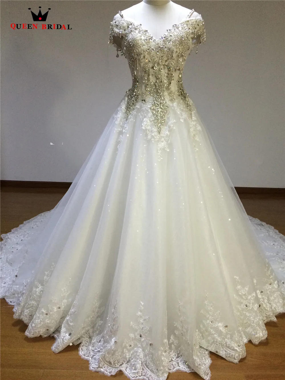 Of the Shoulder Heavy Beading Bridal Gown 2024 robe de mariee Custom Made Lace Up Beading Crystal Wedding Dresses WA48