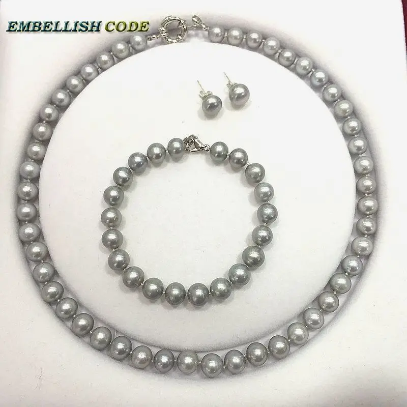 

fine jewelry sets necklace bracelet earrings grey(gray) color good quality perfectly round ball pearl natural freshwater pearls