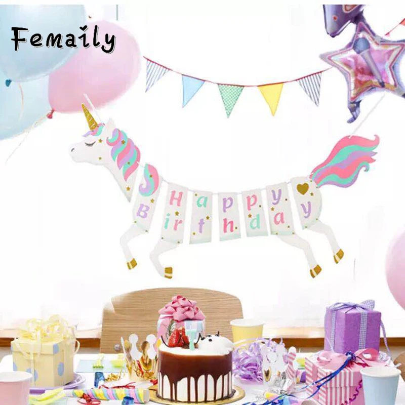 FEMAILY Happy Birthday Banner Birthday Bunting Summer Party Decor Happy Birthday Decoration Banner Unicorn Banner Happy Birthday