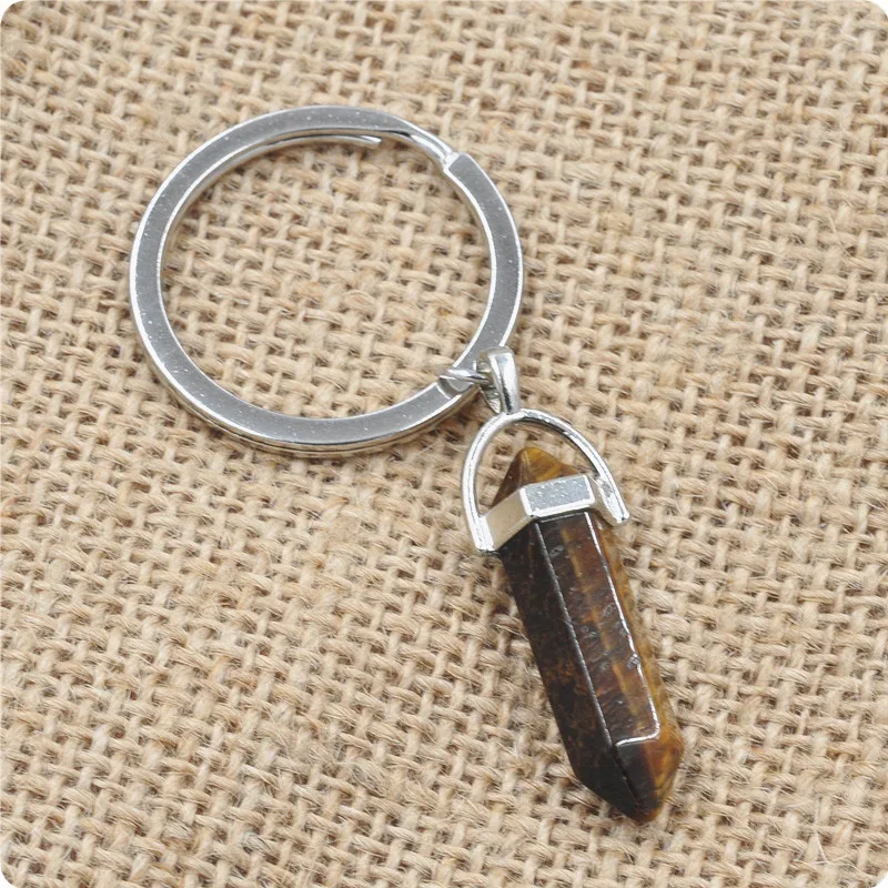 Hexagonal Column Natural Stone Amethyst Keychain For Women Rose Quartz Stone Key Rings On Bag Car Jewelry Party Friends Gift