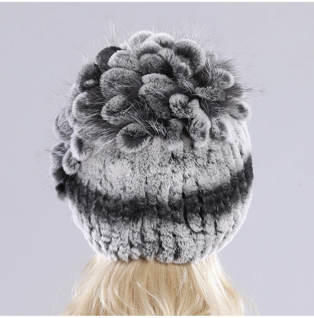 Neue Russische Damen Echt Rex-Kaninchenfell Mützen Luxuriöse Gestrickte Blumen Echte Rex-Kaninchenfell Kappe Winter Echt-Fell Beanie Mütze – Detail 24