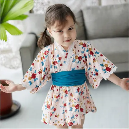 Japanese Traditional Costumes Kids Kimono Cotten Bathrobe For Children Kimono Dress with Obi Yukata for Girls Dance Wear Z947