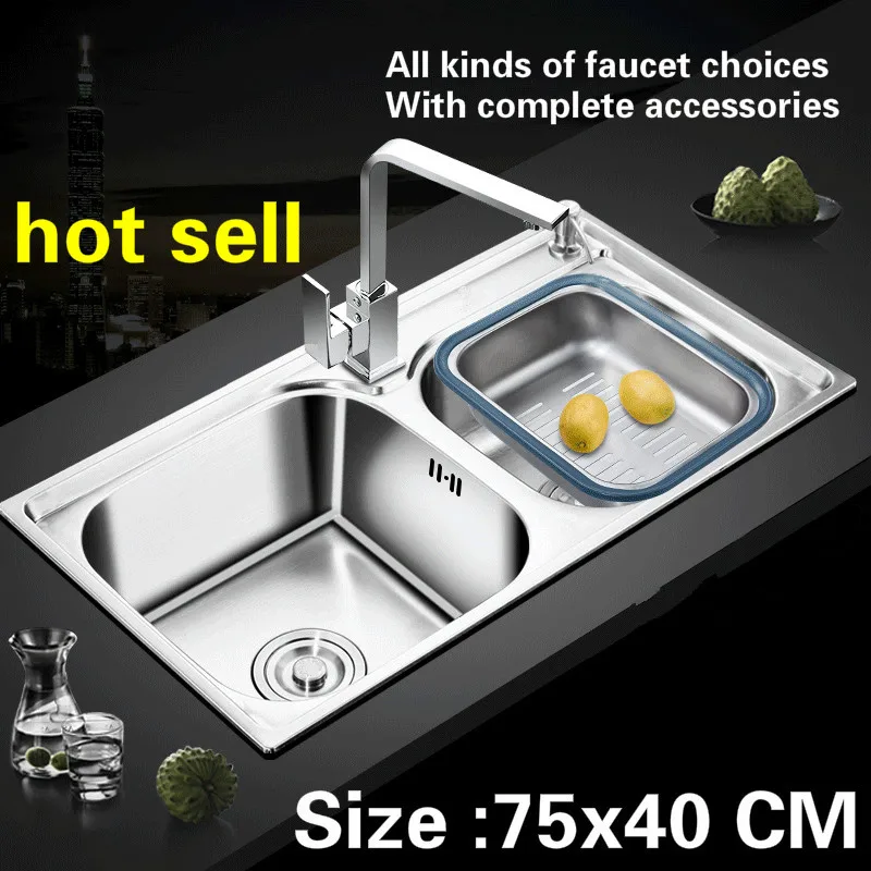 

Free shipping Kitchen sink 0.8 mm food grade 304 stainless steel double groove hot sell 75x40 CM