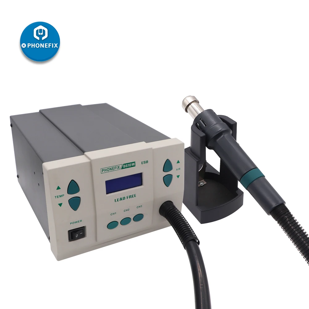 PHONEFIX 900W 디지털 재작업 스테이션, 861DW, 디지털 납땜 재작업 스테이션, 핫 에어 히트 건 스테이션, 3 노즐 포함