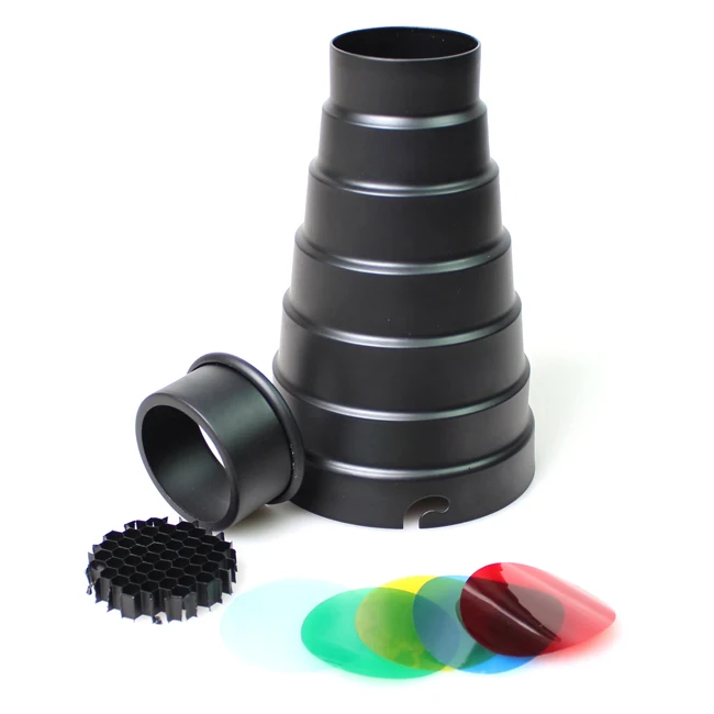 Metal Conical Snoot with Honeycomb Grid 5pcs Color Filter Kit for Elinchrom Mount Studio Strobe Monolight Photography Flash