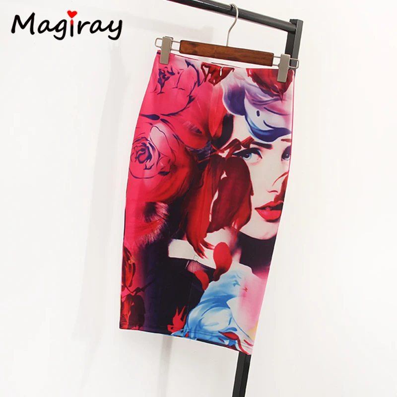 Magiray-Jupe crayon taille haute à imprimé floral pour femme, jupes moulantes à la mode, longueur au genou pour femme, Saia élastique, 23 couleurs, C574