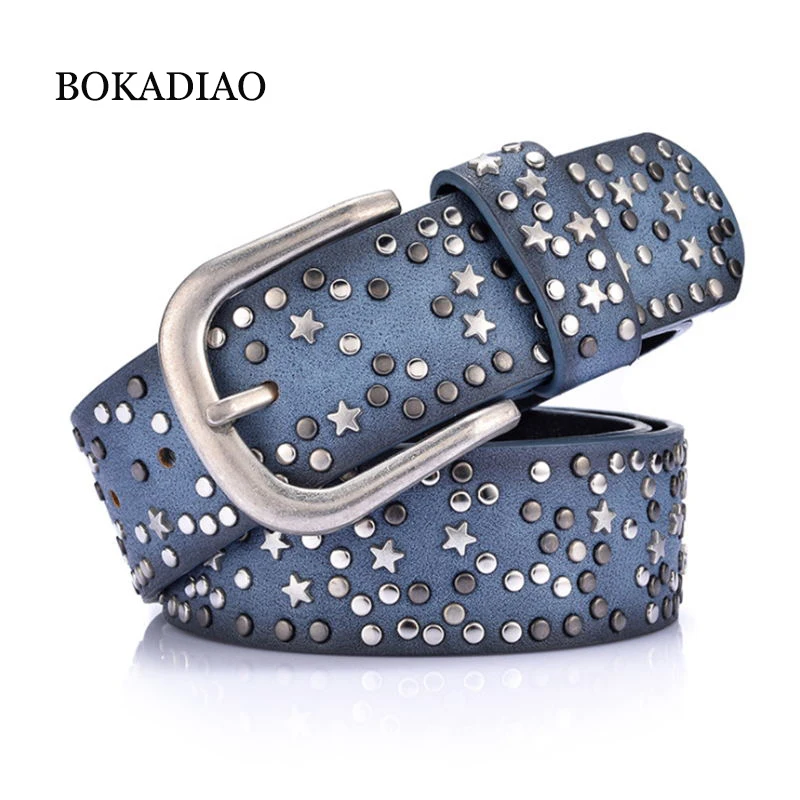 

BOKADIAO Women Belt Punk Pin Buckle Vintage Geometry Rivets Luxury Lady's Original Leather Belts for Woman Waistband Female Belt